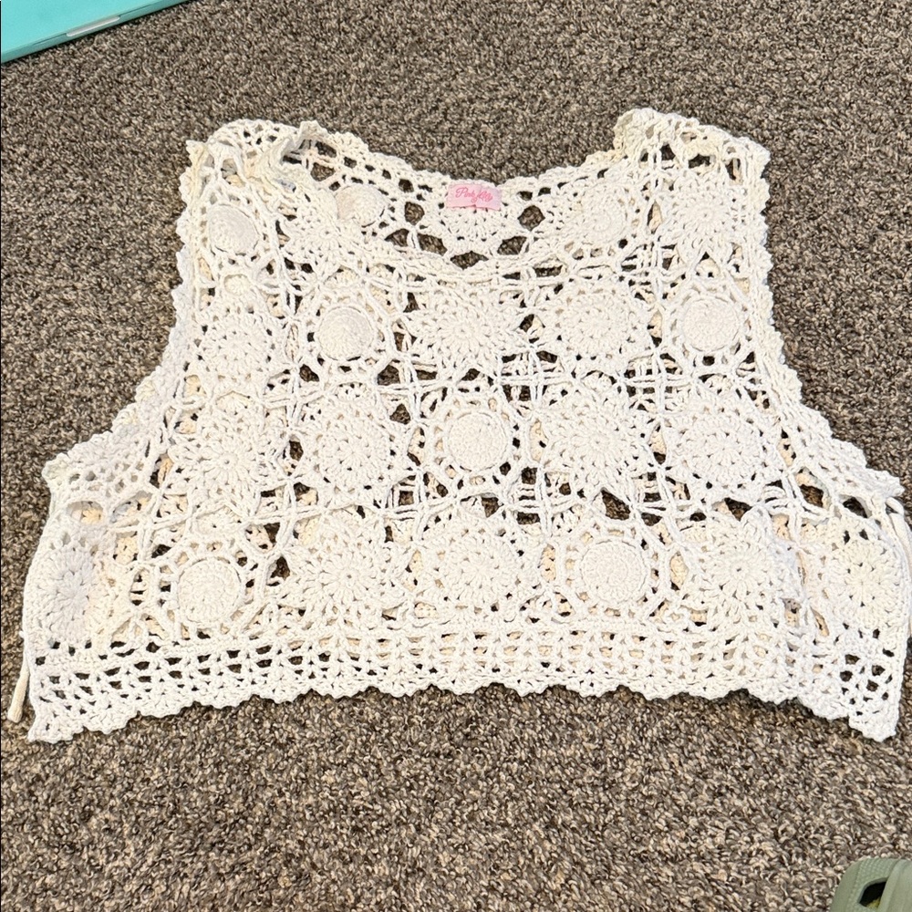 Pink Lily Cream Crochet Tank Top